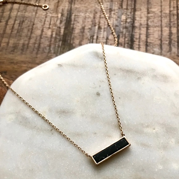 Gold & Black Marble Gem Stone Bar Pendant Necklace - Picture 2 of 3